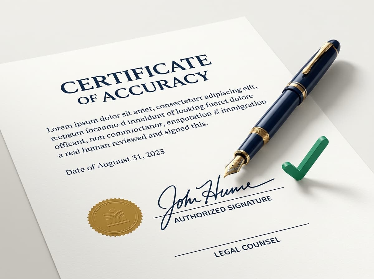 Certificate of Accuracy firmado a mano por un traductor humano con sello de certificación